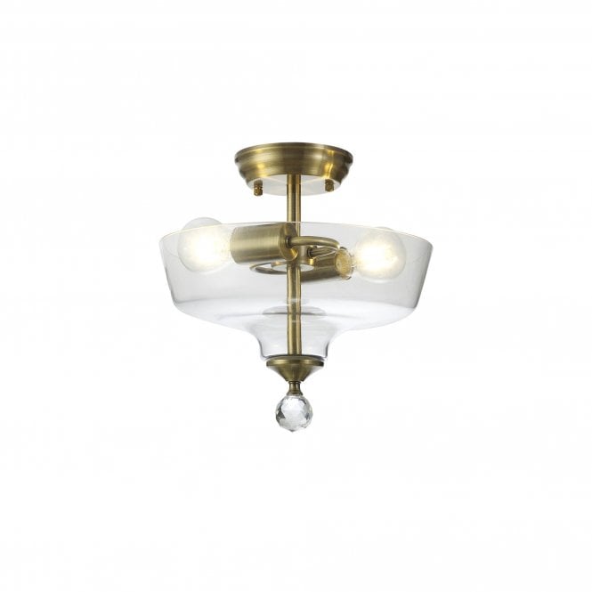  WINSLET 2 Light Semi Flush Ceiling | Antique Brass & Clear Glass Ball Shade (30cm)