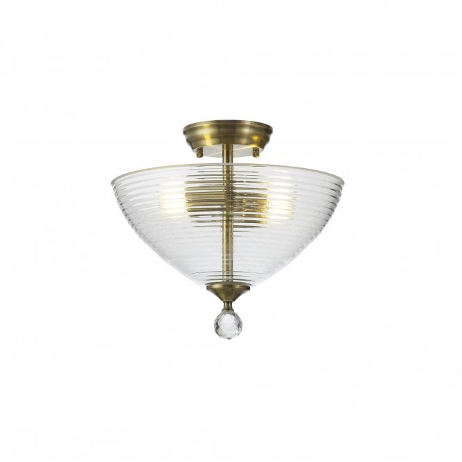  WINSLET 2 Light Semi Flush Ceiling | Antique Brass & Prismatic Effect Glass Shade (33.5cm)