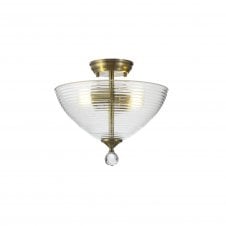Linspiration Lighting WINSLET 2 Light Semi Flush Ceiling | Antique Brass & Prismatic Effect Glass Shade (33.5cm)