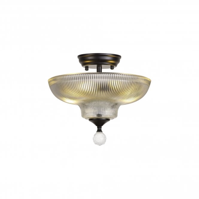  WINSLET 2 Light Semi Flush Ceiling | Matt Black & Clear Ribbed Glass Shade (30cm)