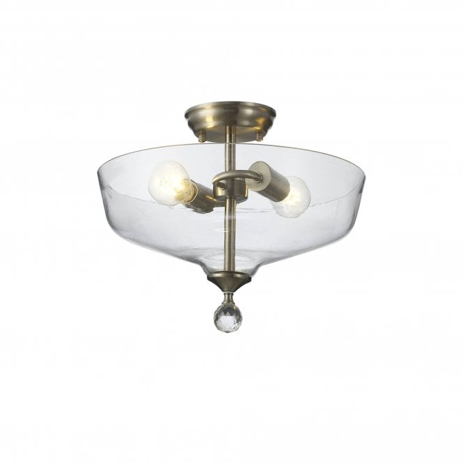  WINSLET 2 Light Semi Flush Ceiling | Satin Nickel & Clear Glass Shade (38cm)