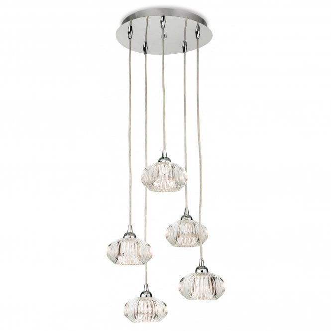 LISBON 5 light cluster pendant in chrome with decorative clear glass shades