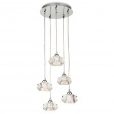 LISBON 5 light cluster pendant in chrome with decorative clear glass shades