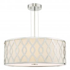 A decorative ceiling pendant with chrome patterns on the shade