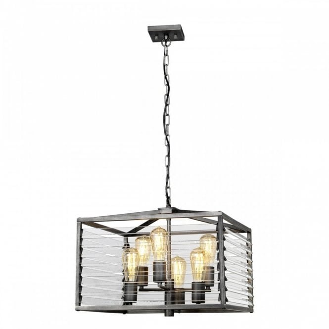 LOUVRE 6 Light Pendant Gunmetal Paint Finish with Clear Glass Angled Slats