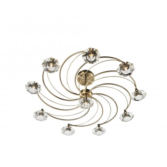 LUTHER antique brass & crystal glass semi flush ceiling light 10lt