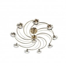LUTHER antique brass & crystal glass semi flush ceiling light 10lt