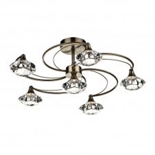 LUTHER antique brass & crystal glass semi flush ceiling light 6lt