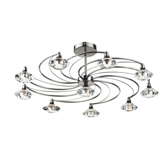LUTHER black chrome & crystal glass semi flush ceiling light 10lt