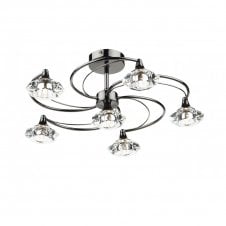 LUTHER black chrome & crystal glass semi flush ceiling light 6lt