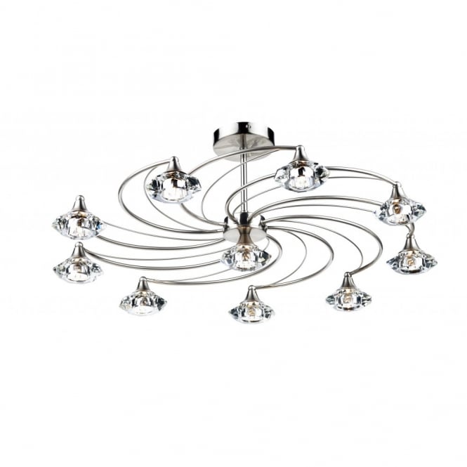 LUTHER satin chrome & crystal glass semi flush ceiling light 10lt