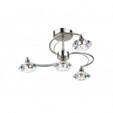 Semi Flush 4 light Ceiling Light, Satin Chrome & Crystal Glass Shades