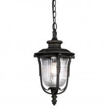 traditional outdoor hanging lantern in dark bronze with ribbed glass