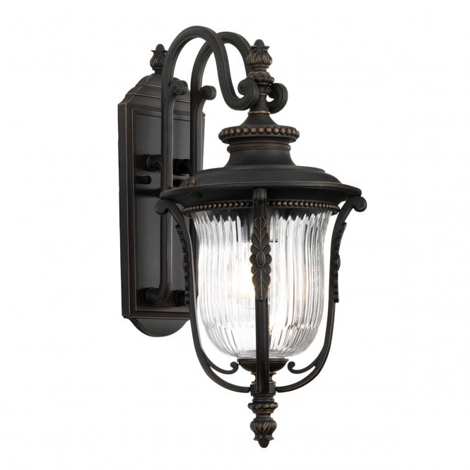 LUVERNE traditional outdoor wall coach lantern in rubbed bronze with ribbed glass shade