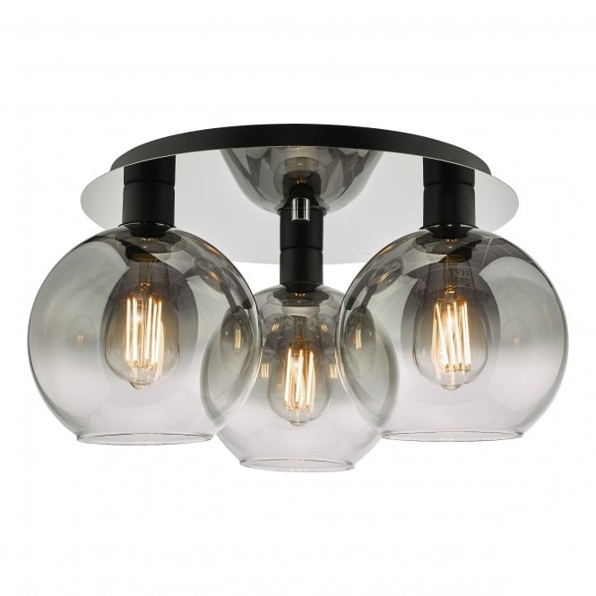 LYCIA 3 Light Flush Fitting in Matt Black with Smoked Ombre Glass