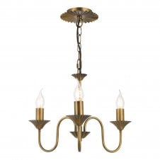 an antique bronze light fitting featuring three arms and candle style bulbs