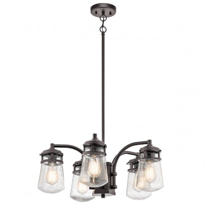 LYNDON rustic 5 light exterior chandelier in bronze with seeded glasses