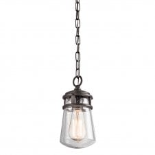 rustic outdoor hanging lantern in dark bronze with clear seeded glass shade