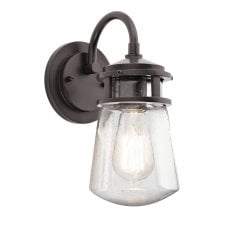 rustic outdoor wall lantern in dark bronze with clear seeded glass shade