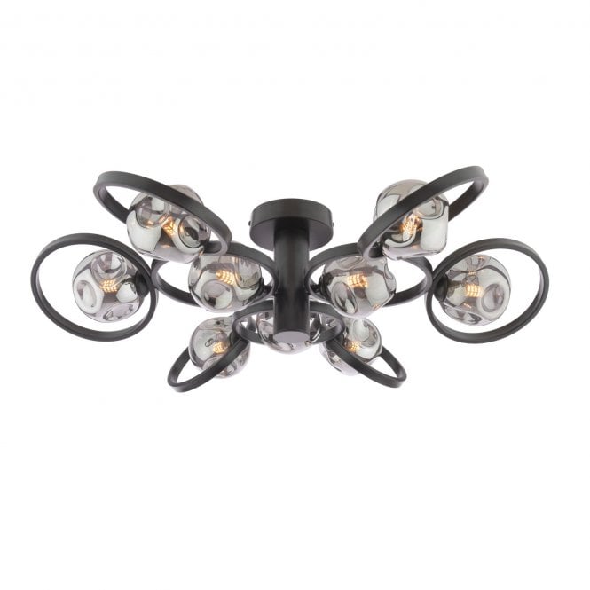 Lynette 9 Light Semi-Flush Ceiling Light - Satin Black with Closed Organic Smoked Glass Shades