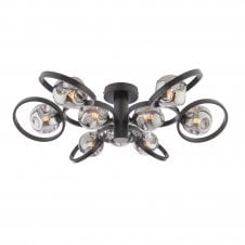 Lynette 9 Light Semi-Flush Ceiling Light - Satin Black with Closed Organic Smoked Glass Shades