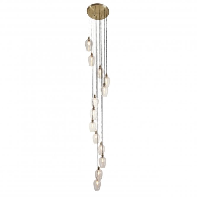 Macie 13 Light Cascade Pendant in Antique Brass and Clear Glass Shades