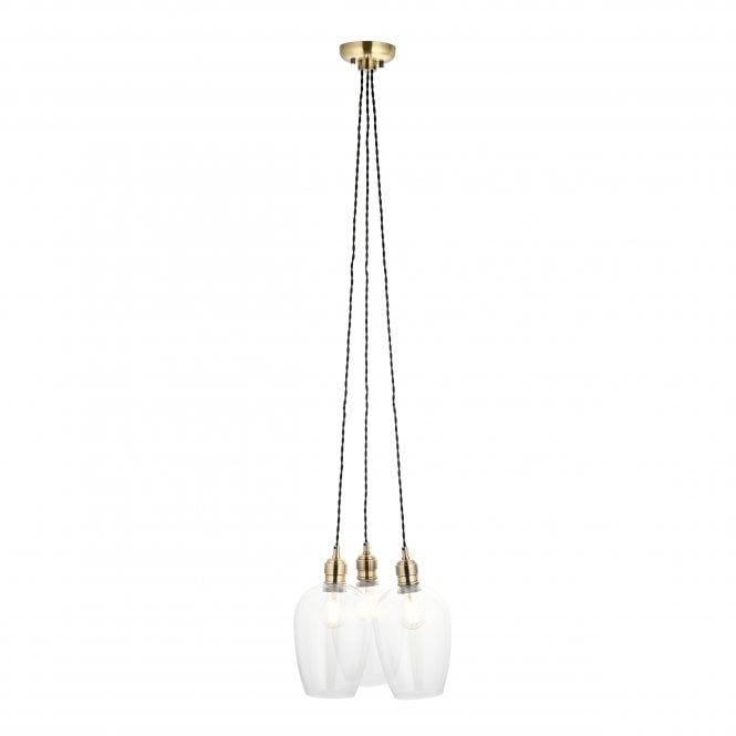 Macie 3 Light Cluster Pendant in Antique Brass with Clear Glass Shades