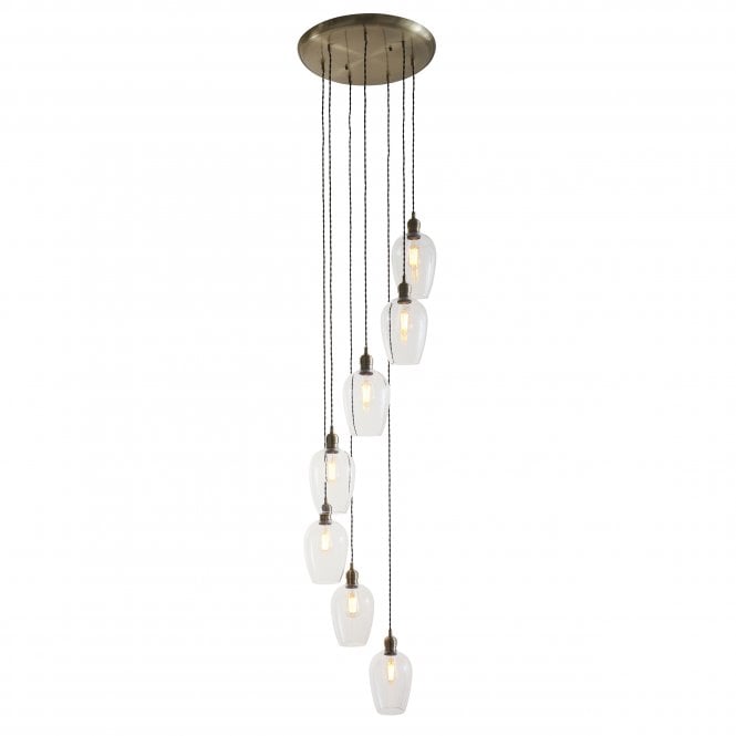 Macie 7 Light Cascade Pendant in Antique Brass with Clear Glass Shades