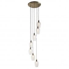 7 light antique brass and glass statement cascade pendant for stairwells 