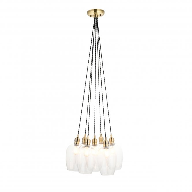 Macie 7 Light Cluster Pendant in Antique Brass with Clear Glass Shades