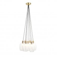a modern statement cluster pendant with 7 lights suspended on twisted cable with vintage brass fittings and clear glass shades