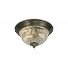 Macy IP44 Flush Bathroom Ceiling Light in Antique Brass with Clear Ribbed Glass