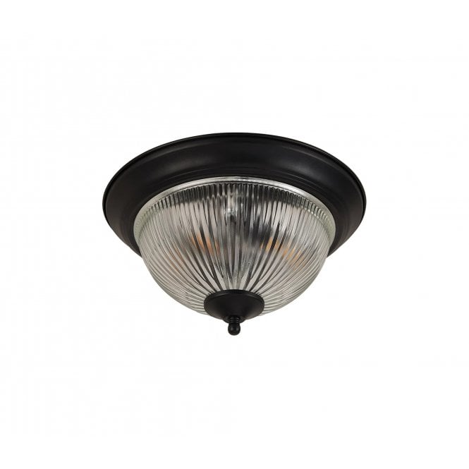 Macy IP44 Flush Bathroom Ceiling Light in Satin Black with Clear Ribbed Glass