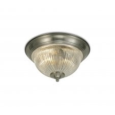 Macy IP44 Flush Bathroom Ceiling Light in Satin Nickel with Clear Ribbed Glass