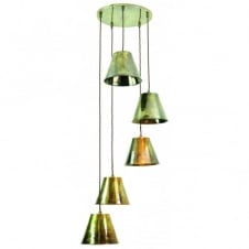 vintage industrial design 5 light ceiling pendant cluster in antique brass
