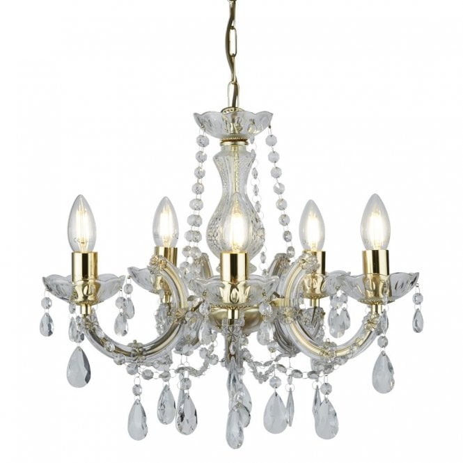 MARIE THERESE 5 Light Polished Brass & Crystal Chandelier