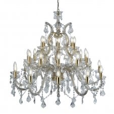 Large 30 Light Polished Brass & Crystal Chandelier 