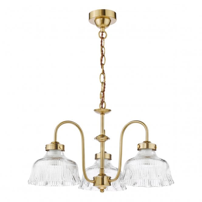 Maude 3 Armed Pendant in Natural Brass with Ribbed Glass