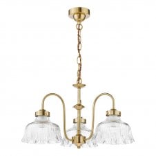 natural brass 3 armed pendant with ribbed glass shades