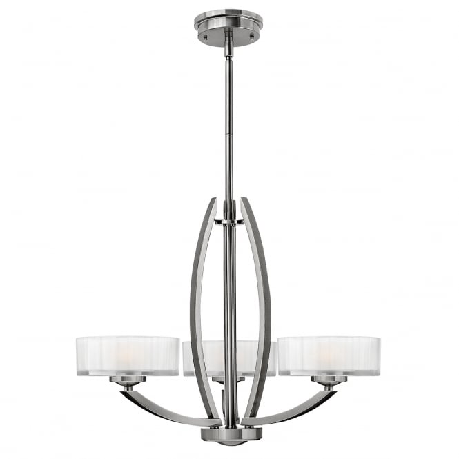 MERIDIAN 3 light Art Deco brushed nickel ceiling light with faceted glass shades