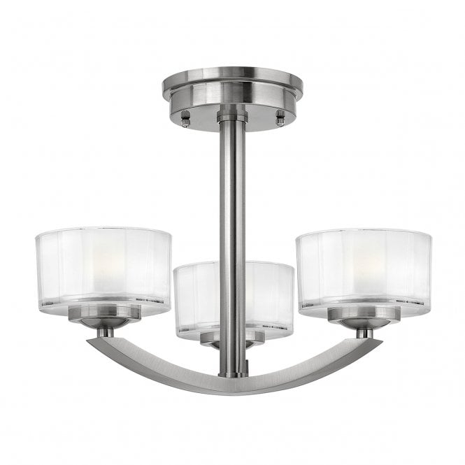 MERIDIAN Art Deco style 3 light semi flush ceiling light in brushed nickel