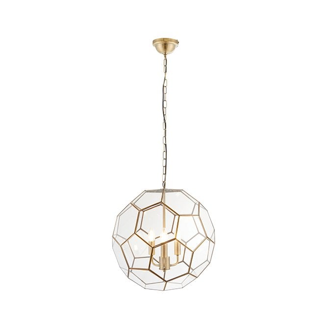 MIELE 3 light hexagonal edged globe ceiling pendant in antique brass