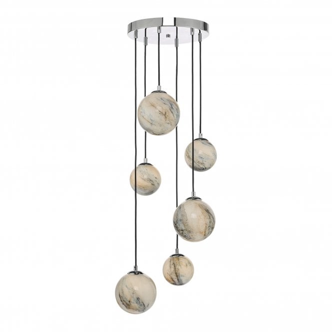 MIKARA 6 light ceiling pendant cluster in chrome with marble effect glass globes