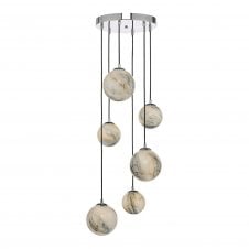 MIKARA 6 light ceiling pendant cluster in chrome with marble effect glass globes