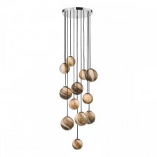 MIKARA Mouth Blown Art Glass Globe 12 Light Cluster Ceiling Pendant Chrome 2.5m Drop