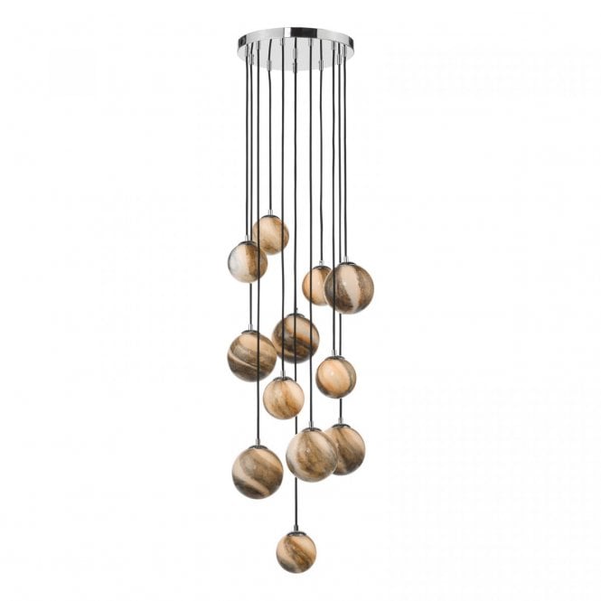 MIKARA Mouth Blown Art Glass Globe 12 Light Cluster Ceiling Pendant Chrome 2.5m Drop