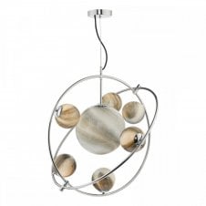 MIKARA Mouth Blown Art Glass Globe Orrery Gyroscope Ceiling Pendant Chrome