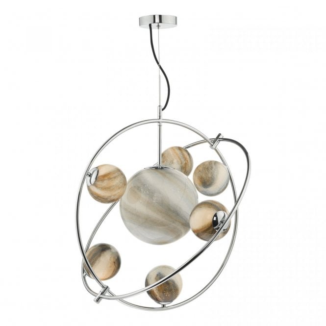 MIKARA Mouth Blown Art Glass Globe Orrery Gyroscope Ceiling Pendant Chrome