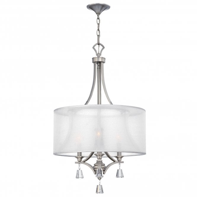 MIME decorative modern 3lt pendant chandelier in brushed nickel with crystal accents