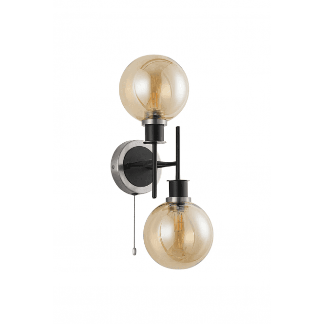 Mingle 2 Light IP20 Wall Light in Satin Nickel & Satin Black with Amber Plated Glass Shades